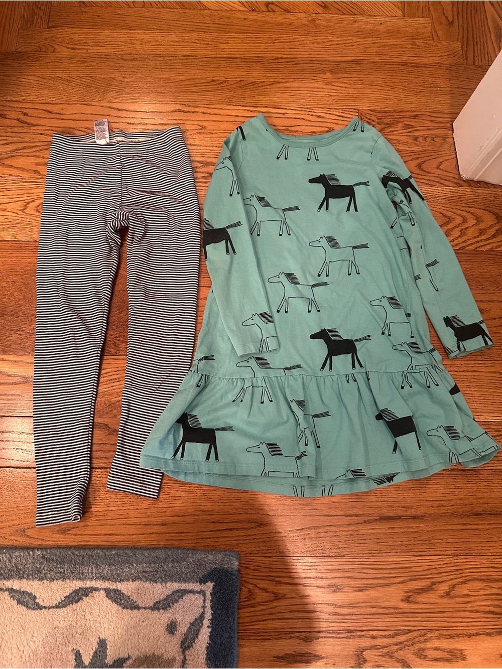 Tea Collection Blue-Green Horse Dress with Black Striped Leggings
